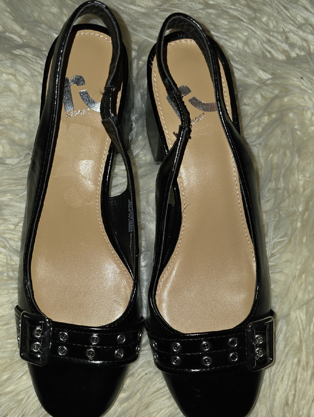 Report Black Patent Slingback Heels with Studded Buckle
